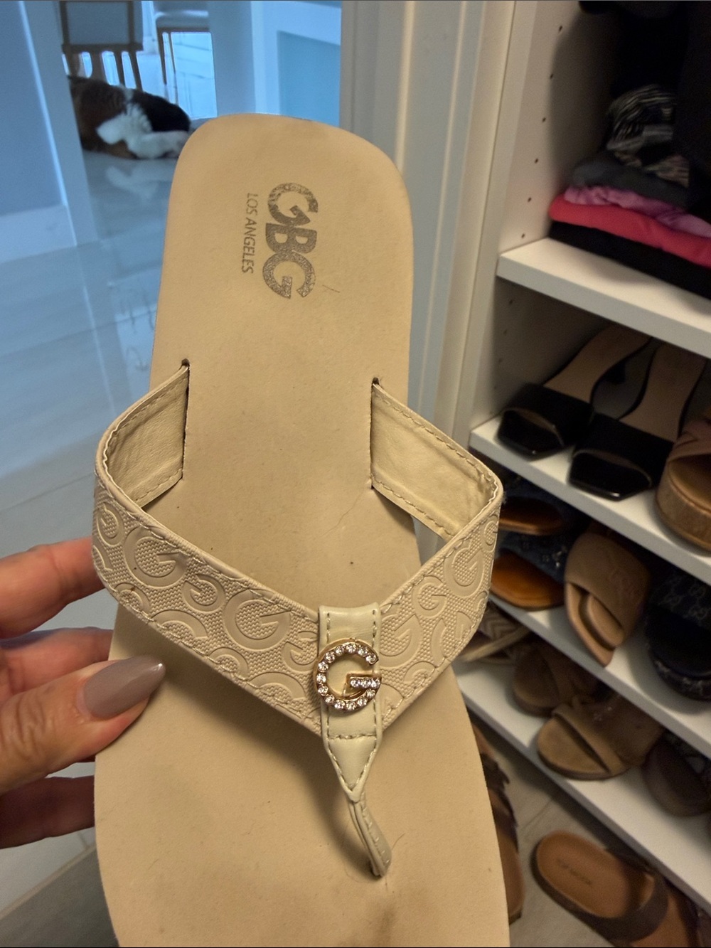 G by Guess Cream Logo Thong Sandals with Crystal 'G' Accent